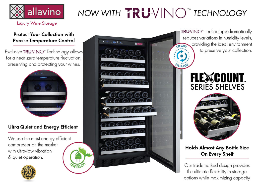 Allavino 24" Wide FlexCount II Tru-Vino 128 Bottle Single Zone Stainless Steel Right Hinge Wine Refrigerator - VSWR128-1SR20