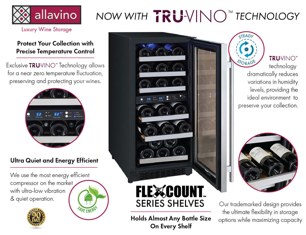 Allavino 15" Wide FlexCount II Tru-Vino 30 Bottle Dual Zone Stainless Steel Right Hinge Wine Refrigerator - VSWR30-2SR20