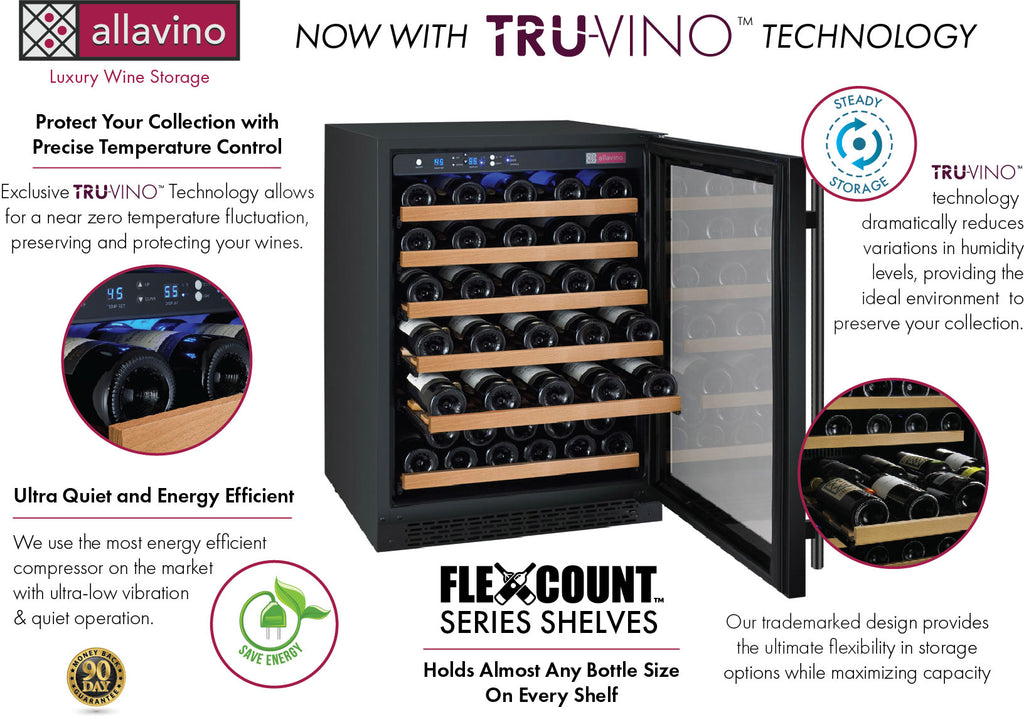 Allavino 47" Wide FlexCount II Tru-Vino 112 Bottle Three Zone Black Side-by-Side Wine Refrigerator - 3Z-VSWR5656-B20