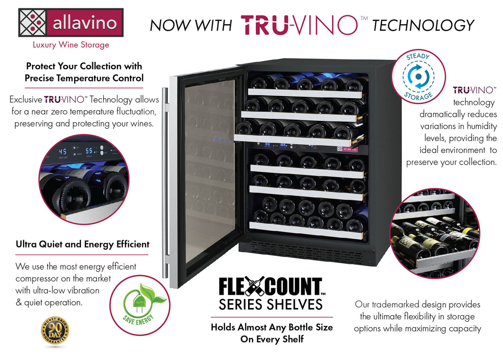 Allavino 24" Wide FlexCount II Tru-Vino 56 Bottle Dual Zone Stainless Steel Left Hinge Wine Refrigerator - VSWR56-2SL20