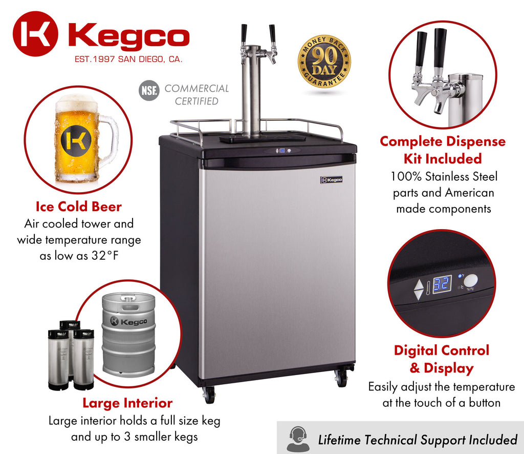 Kegco 24" Wide Dual Tap Stainless Steel Commercial/Residential Digital Kegerator - Z163S-2NK