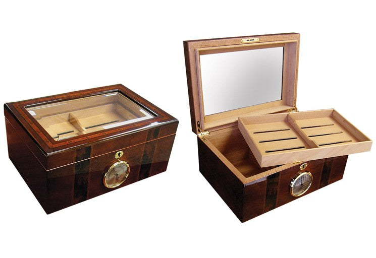 Prestige Import Group Ambassador High Gloss Beveled Glass Top Cigar Humidor - Holds Up to 100 Capacity - Unique Inlay Design