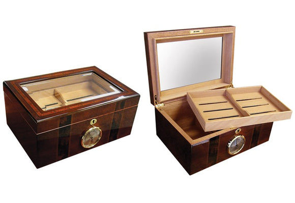 Prestige Import Group Ambassador High Gloss Beveled Glass Top Cigar Humidor - Holds Up to 100 Capacity - Unique Inlay Design