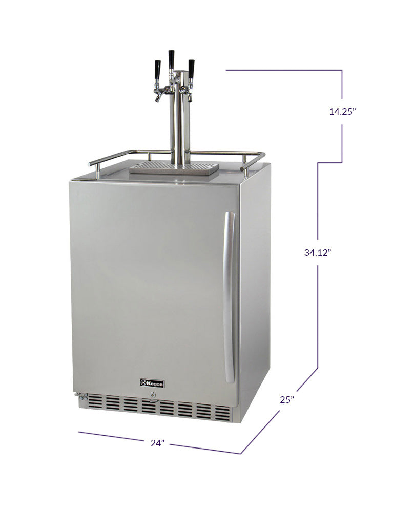 Kegco 24" Wide Triple Tap All Stainless Steel Outdoor Built-In Digital Left Hinge Kegerator with Kit - HK38SSU-L-3 - Wine Cooler City