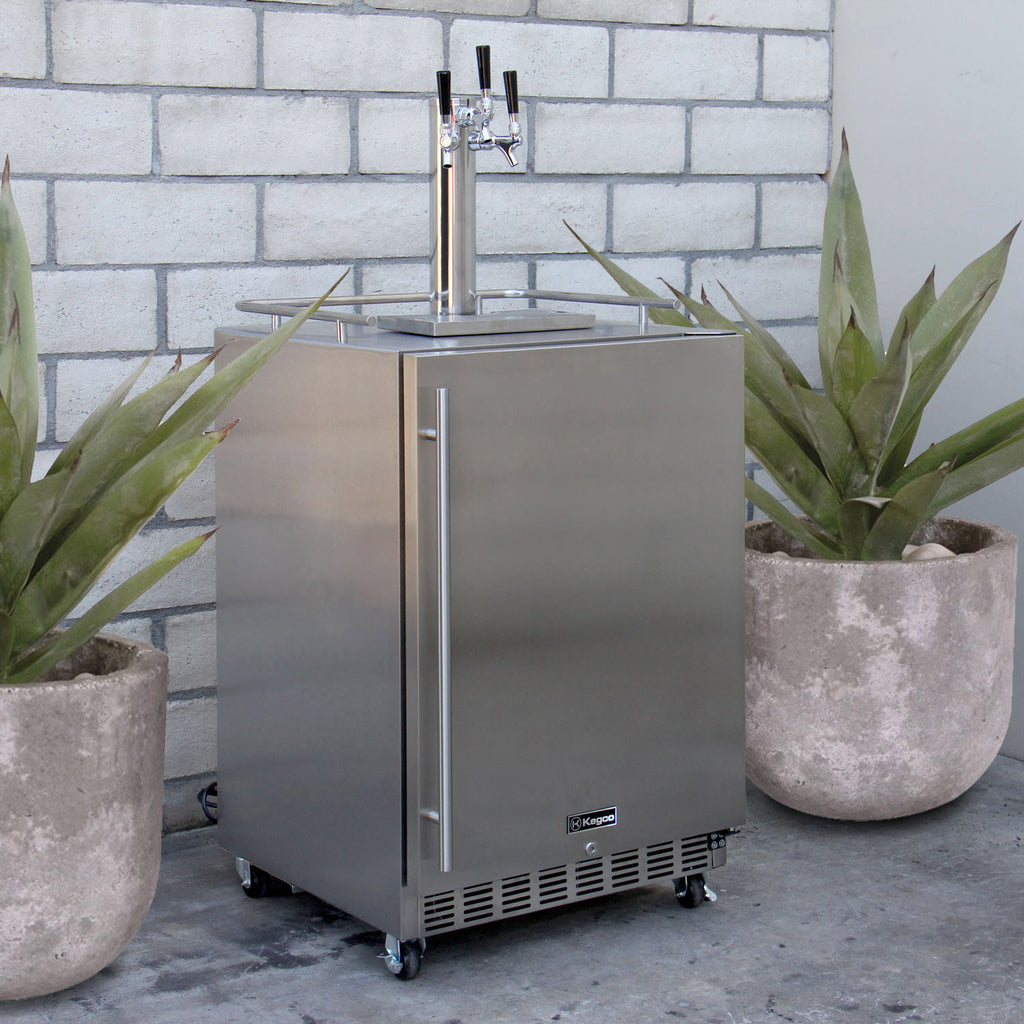Kegco24" Wide Triple Tap All Stainless Steel Commercial Outdoor Left Hinge Kegerator with Kit - HK38SSC-L-3 - Wine Cooler City