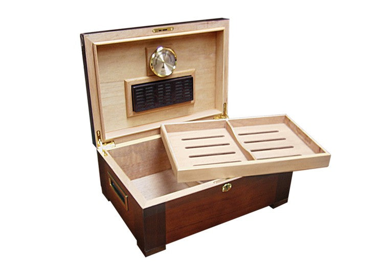 Prestige Import Group Stetson Wooden Cigar Humidor with Inlay Design Laid Across Light Mappa Wood - Up to 150 Capacity - Color: Dark Burl Finish