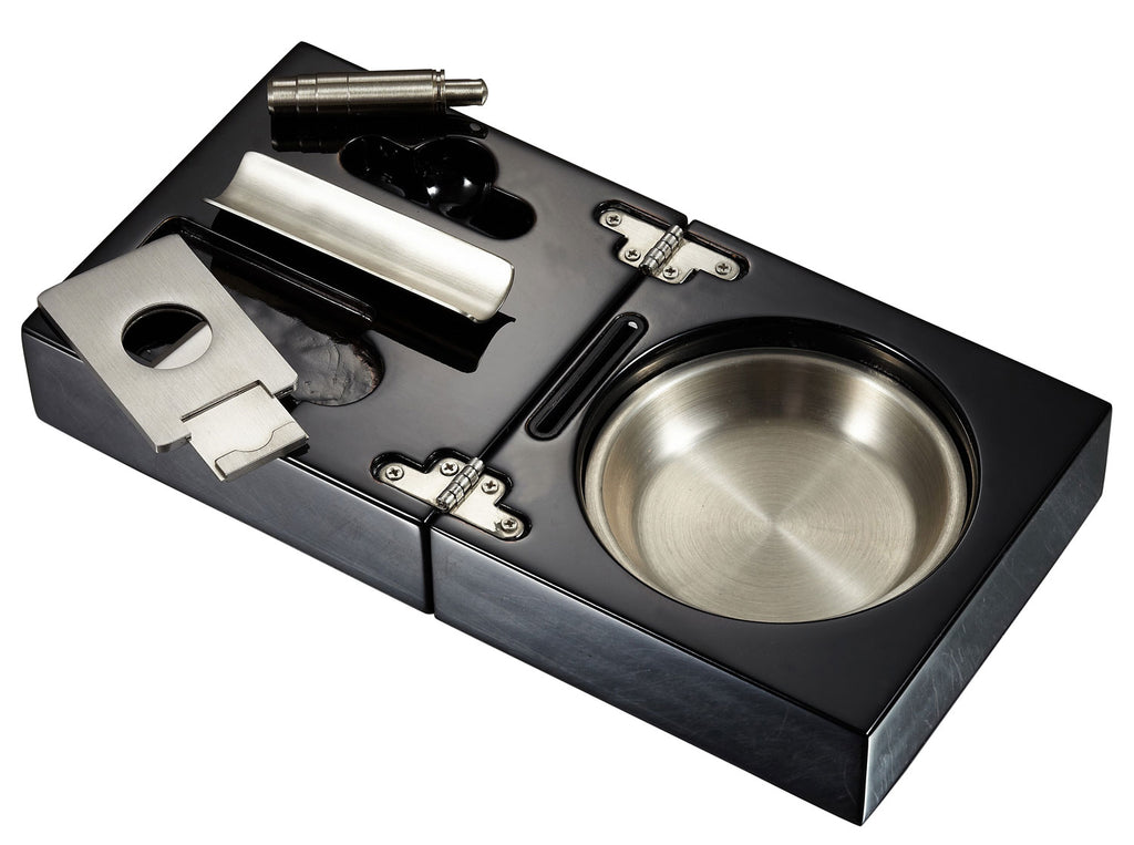 Visol Bremen Black Lacquer Folding Cigar Ashtray with Cutter and Punch - Wine Cooler City